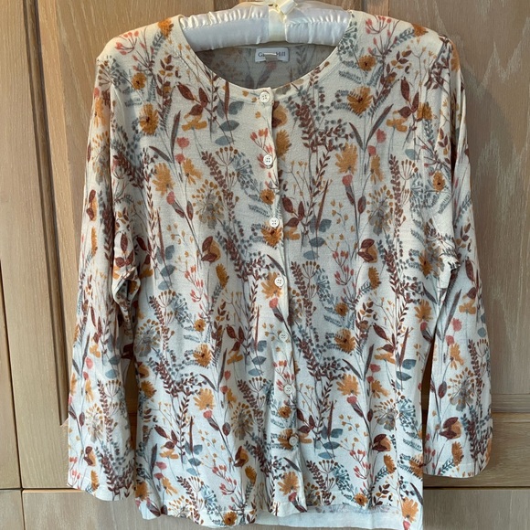 Garnet Hill Sweaters - Garnet Hill Cream Floral Wool Cardigan with 3/4 Sleeves